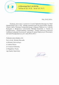Podziękowania za organizację warsztatów dla uczniów szkół średnich. Kliknij, aby powiększyć zdjęcie.